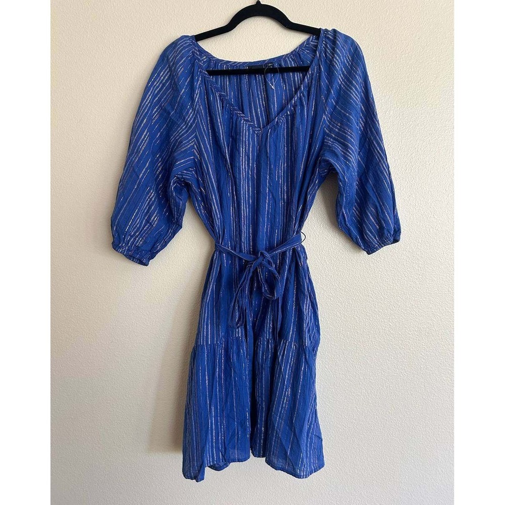 Gap Blue Metallic Stripe Peasant Boho Dress L Cotton Puff Sleeve Resortwear Euro